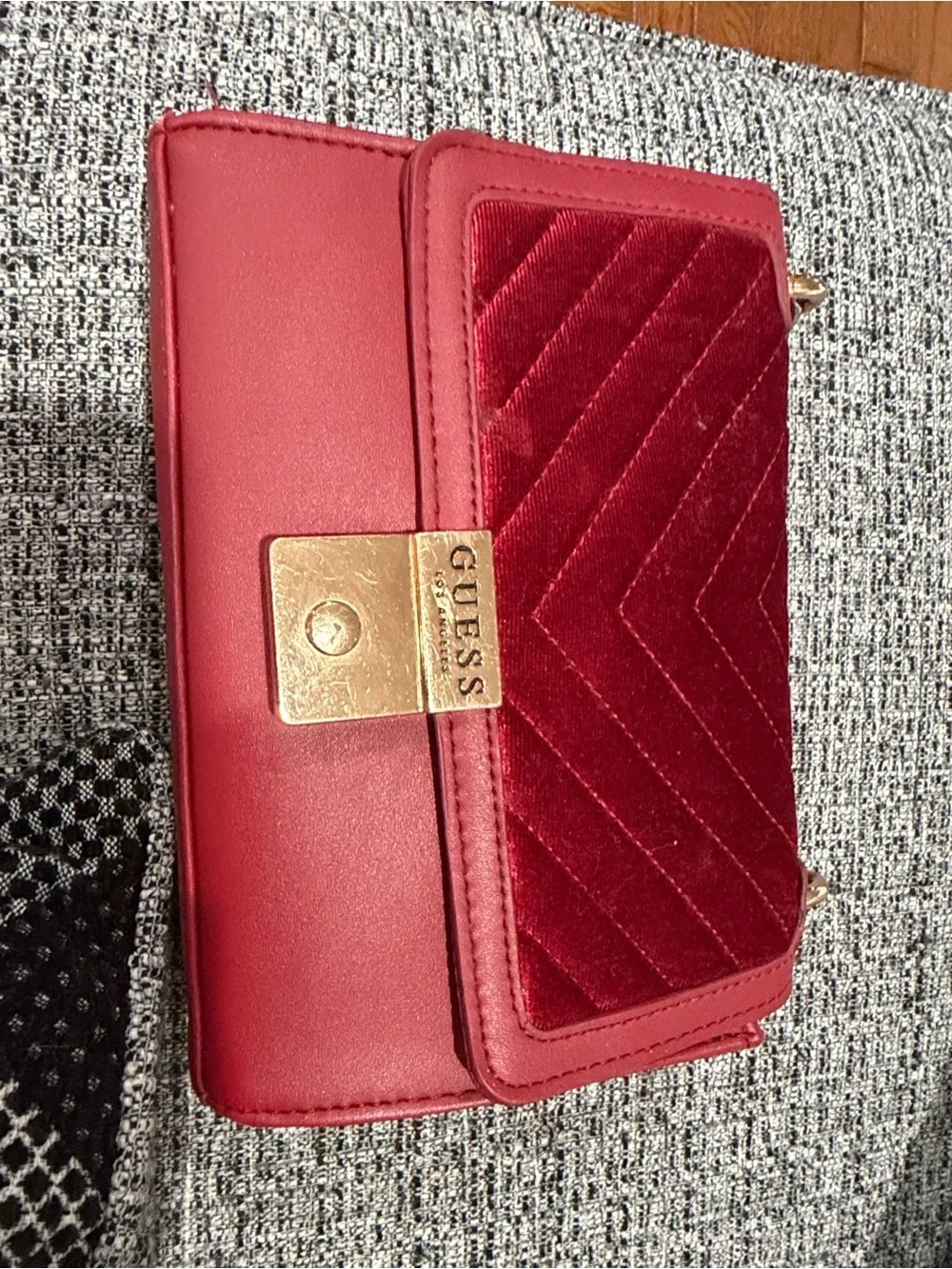 GUESS Red Quilted Velvet Crossbody with Gold Chain